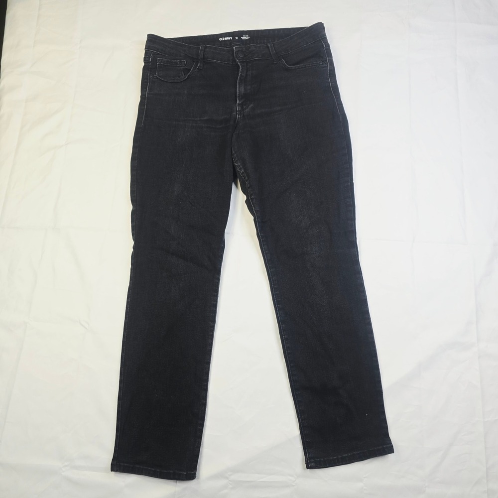 Old Navy Women's Power Slim Straight Jeans Size 12 Black Mid-Rise Denim H25